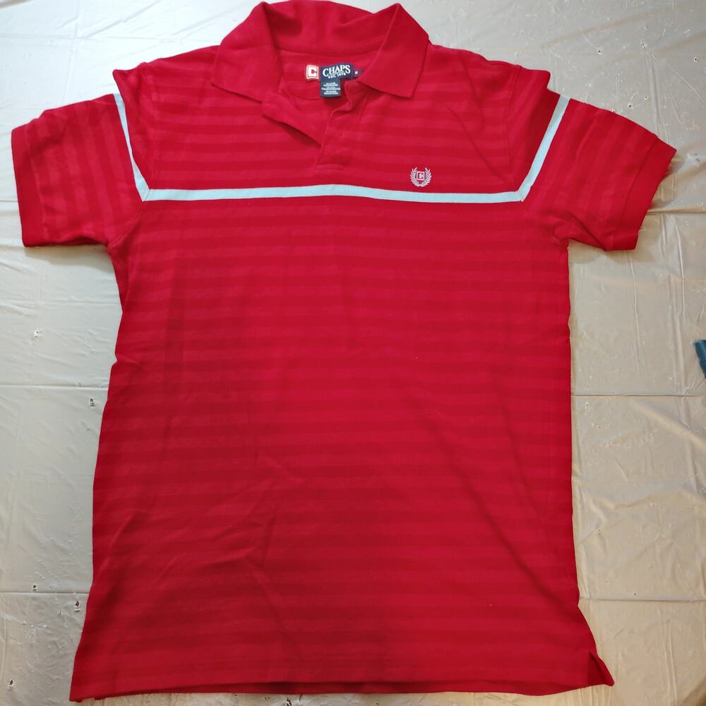 Chaps by Ralph Lauren Men's Medium Polo Shirt Red Gray Stripe Short Sleeve M